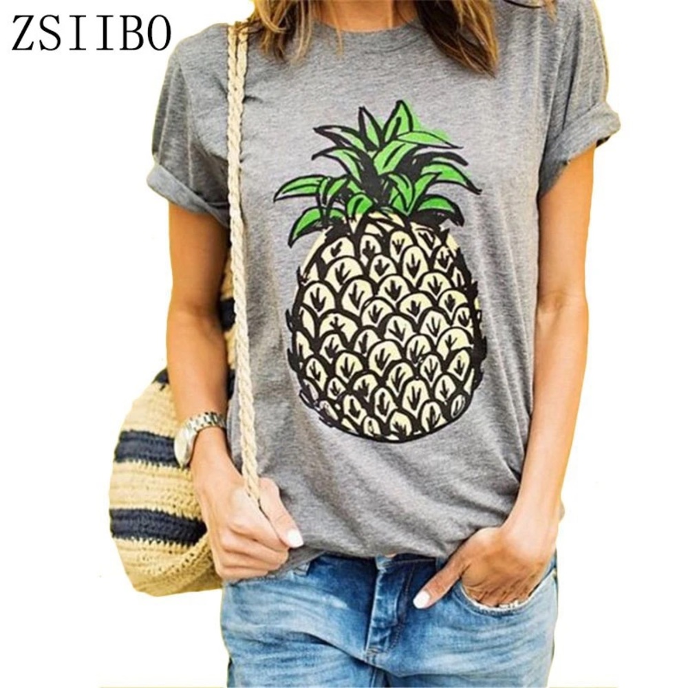 NWT Women’s ZSIIBO Pineapple Fruit Print Tee in Gray, Size Medium